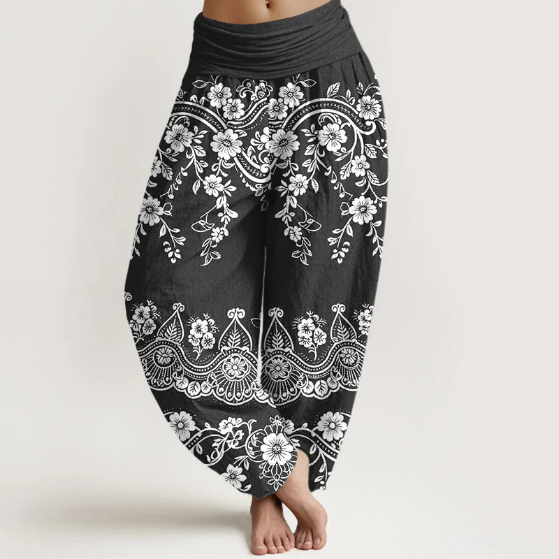 Buddha Stones Cotton Traditional Flower Vine Leaf Pattern Women's Elastic Waist Harem Pants