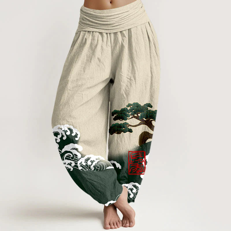 Buddha Stones Print Pure Cotton Pine Tree Rolling Waves Pattern Women's Elastic Waist Harem Pants