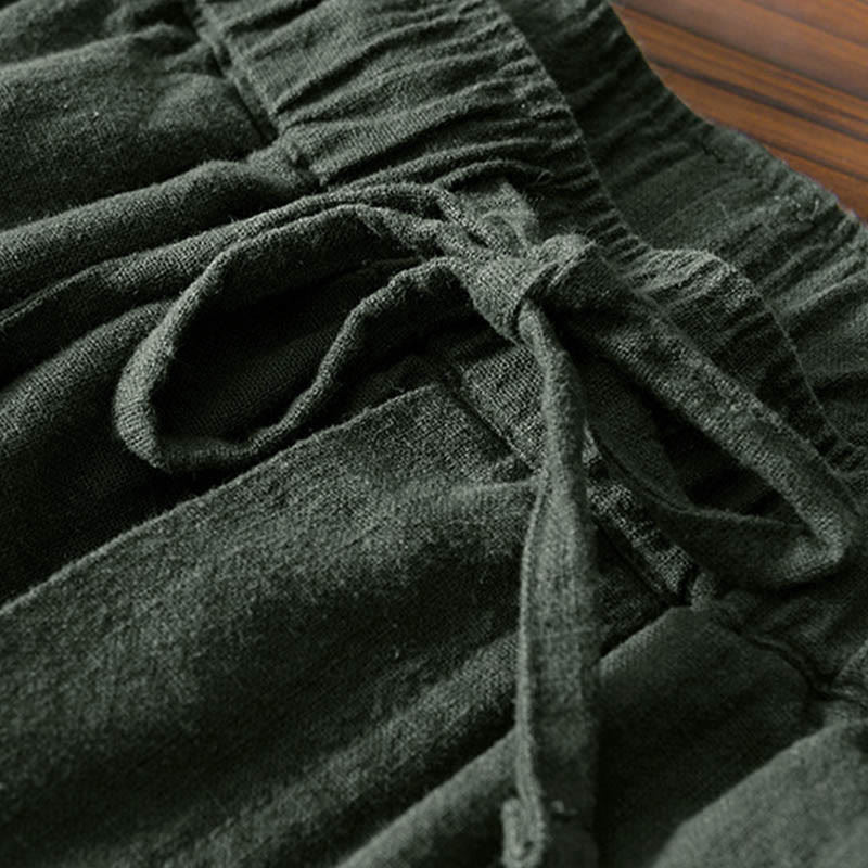 Buddha Stones Casual Solid Color Simple Design Drawstring Ramie Linen Men's Pants With Pockets