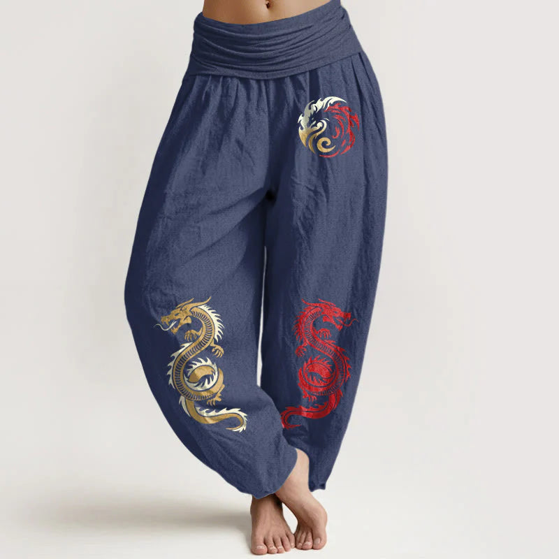 Buddha Stones Pure Cotton Dragon Pattern Women's Elastic Waist Harem Pants