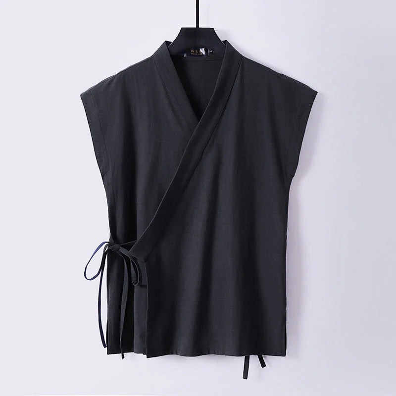 Buddha Stones Summer Solid Color V-Neck Sleeveless Men's Cotton Linen Vest