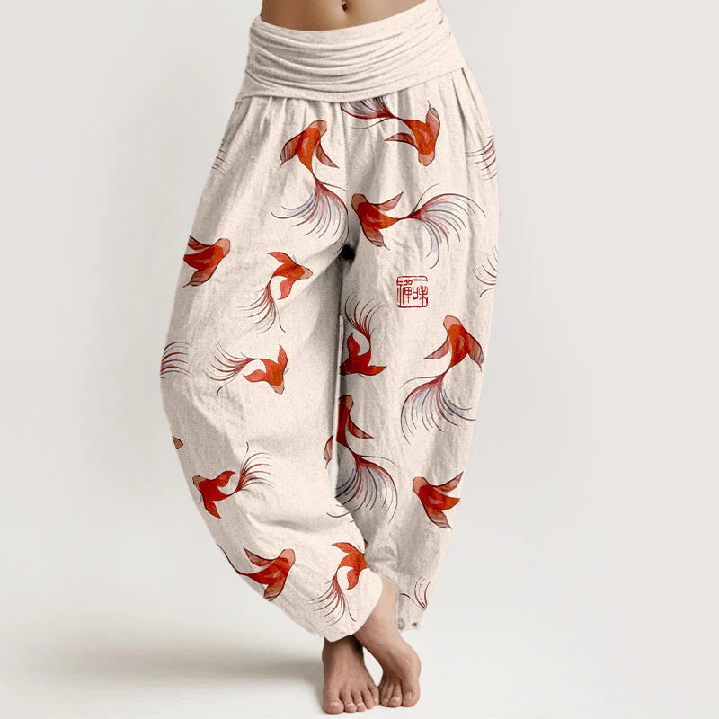 Buddha Stones Print Pure Cotton Koi Fish Pattern Women's Elastic Waist Harem Pants