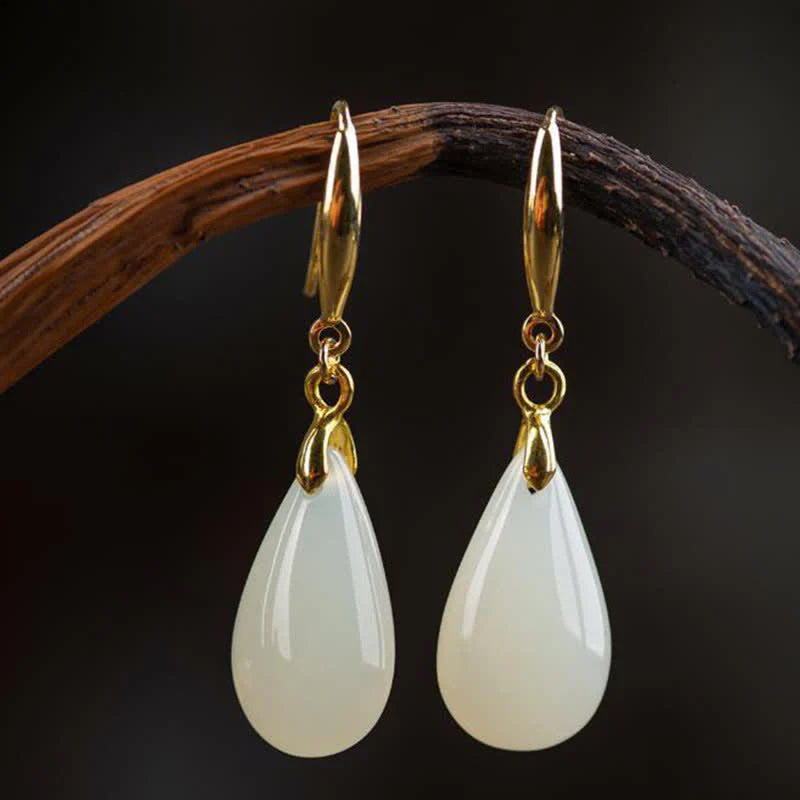 Buddha Stones Hetian White Jade Water Drop Luck Blessing Dangle Earrings (Extra 30% Off | USE CODE: FS30)