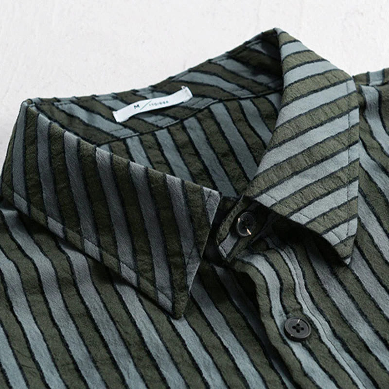 Buddha Stones Vintage Striped Buttons Down Stand Collar Long Sleeve Men's Cotton Shirt