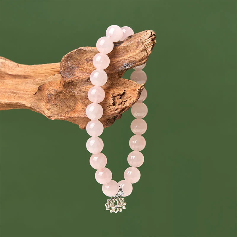 Buddha Stones 925 Sterling Silver Lotus Design Natural Pink Crystal Soothing Bracelet