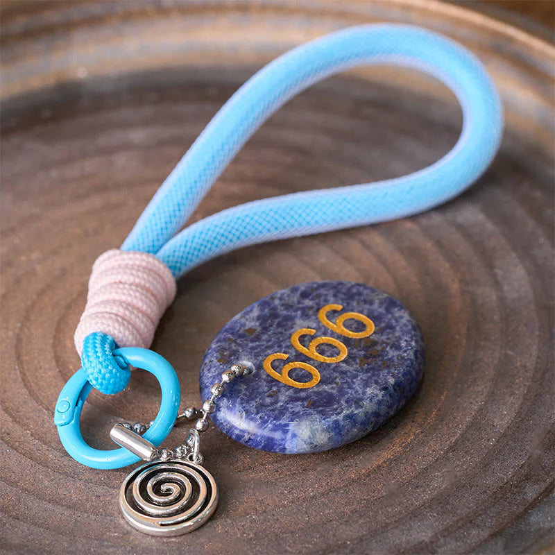 Buddha Stones Wishing Balance and Inner Peace 666 Angel Number Natural Sodalite Key Chain Hanging Decoration Includes Gift Message Card