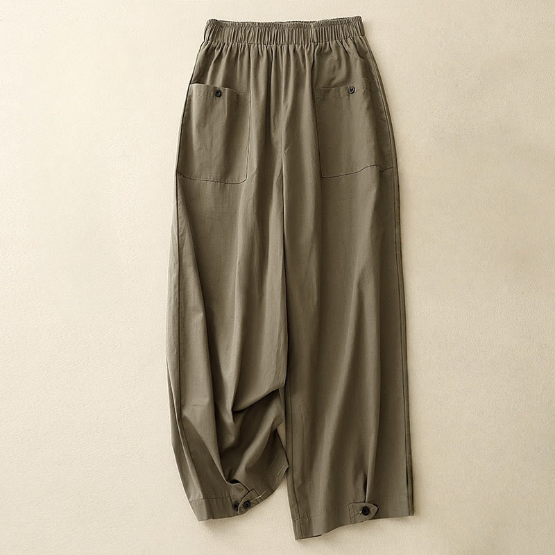 Buddha Stones Causal Vintage Solid Color Button Design Women's Wide Leg Cotton Pants With Pockets