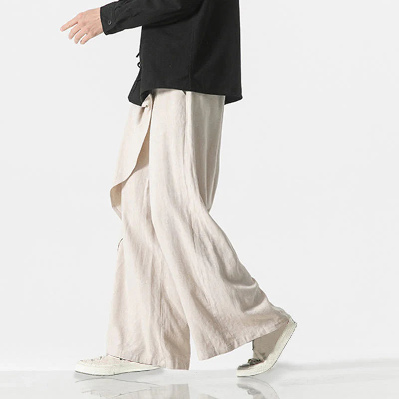 Buddha Stones Asymmetrical Patched Design Plain Men's Cotton Pants With Pockets