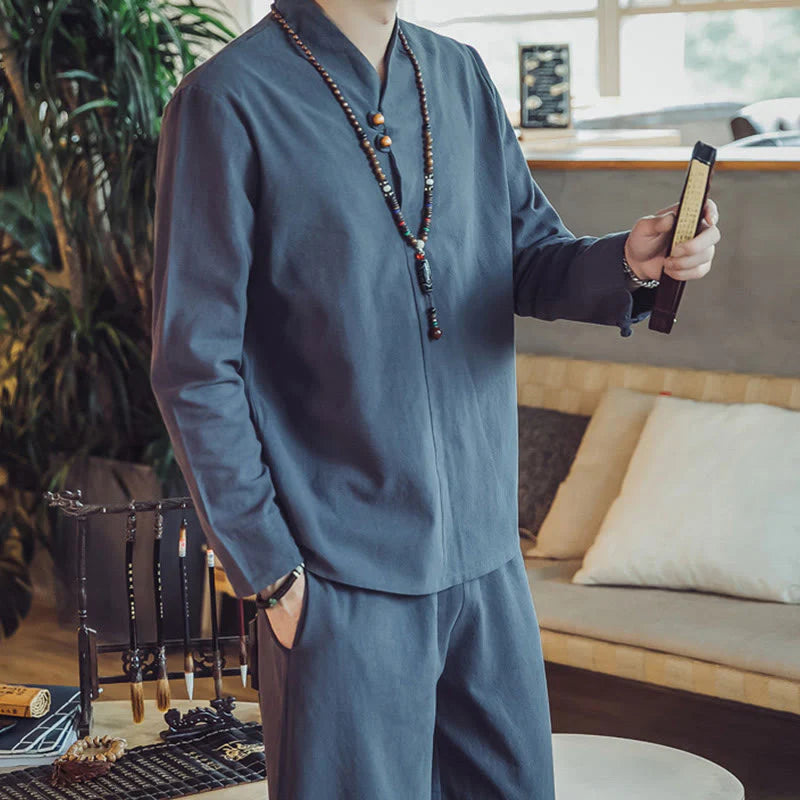 Buddha Stones 2Pcs Shirt Ankle-Length Pants With Pockets Men's Meditation Cloth Set