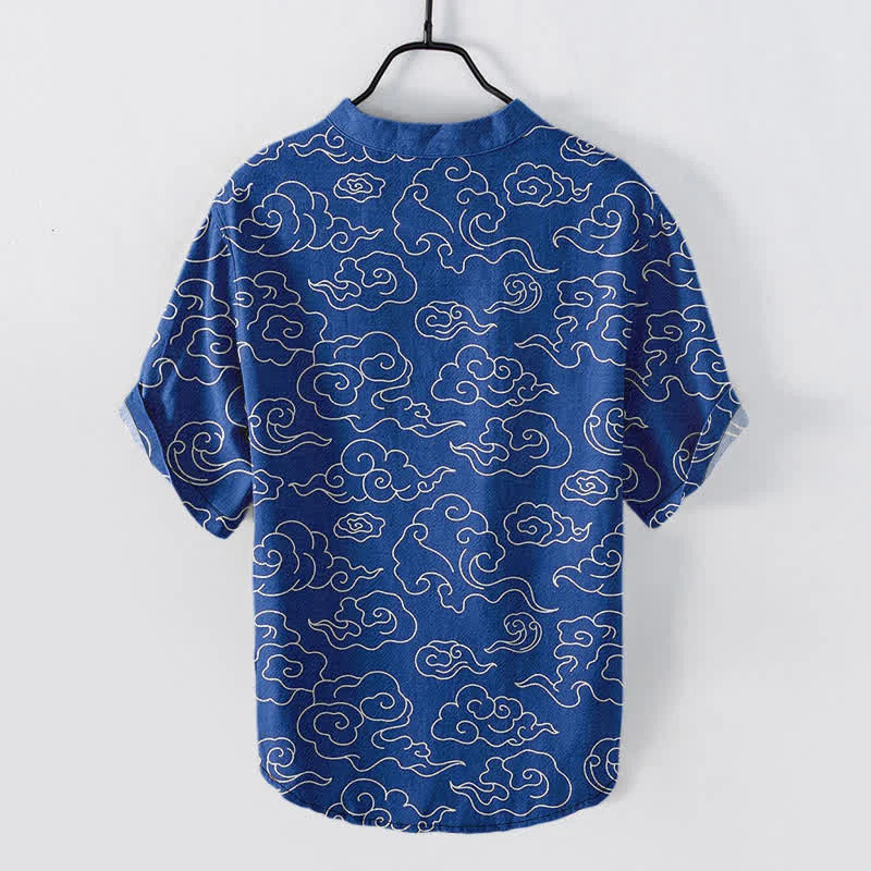 Buddha Stones Cotton Cloud Pattern Men's Short Sleeve Half Button Shirt