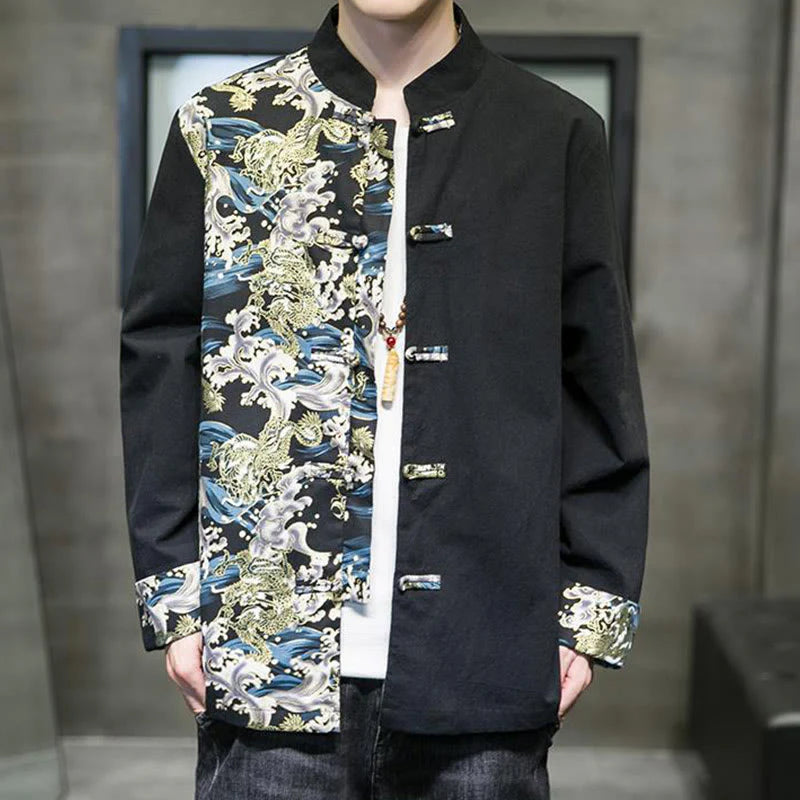Buddha Stones Printed Color Contrast Dragon Pattern Frog-button Long Sleeve Men's Cotton Jacket