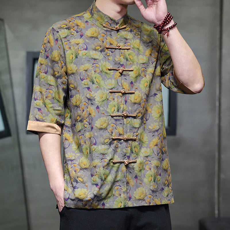 Buddha Stones Summer Colorful Floral Leaves Pattern Short Sleeve Frog-button Design Men's Cotton Shirt