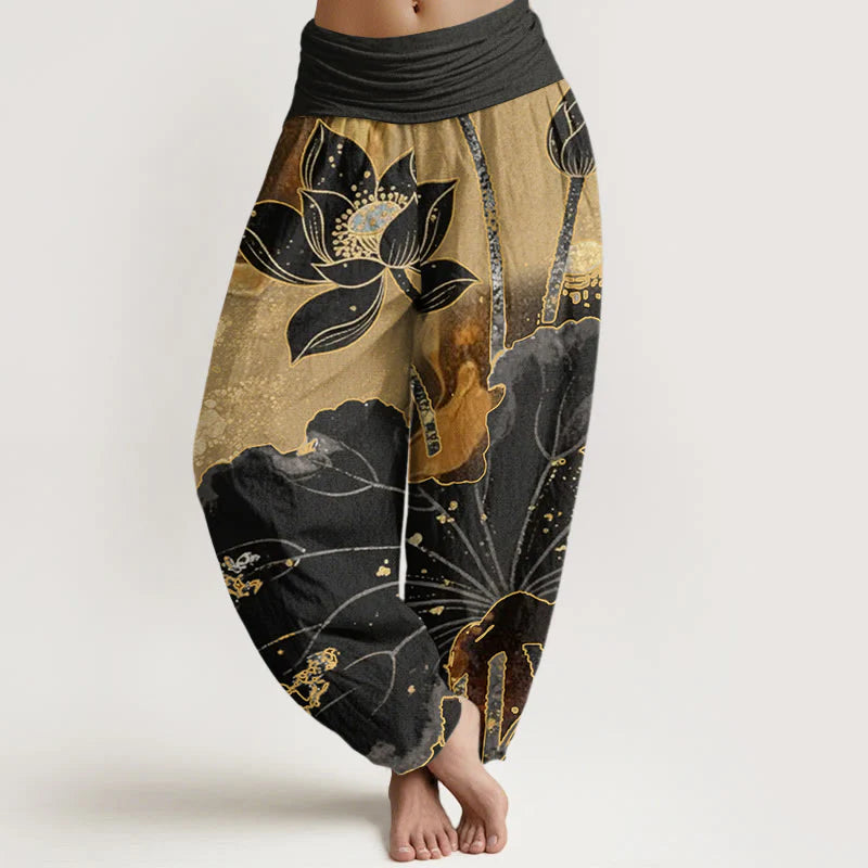 Buddha Stones Cotton Casual Lotus Petal Pattern Women's Elastic Waist Harem Pants