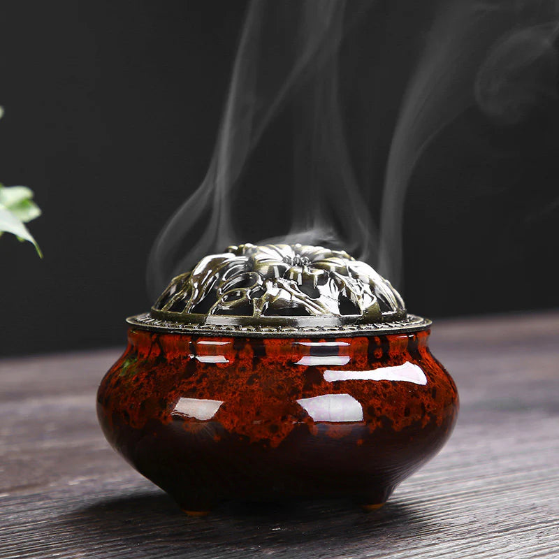 Buddha Stones Flower Pattern Ceramic Blessing Meditation Incense Burner Decoration