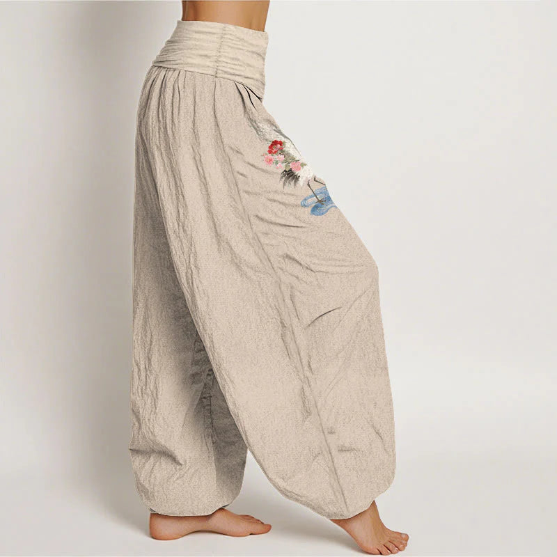 Buddha Stones Pure Cotton Elegant Crane Flower Cloud Pattern Women's Elastic Waist Harem Pants