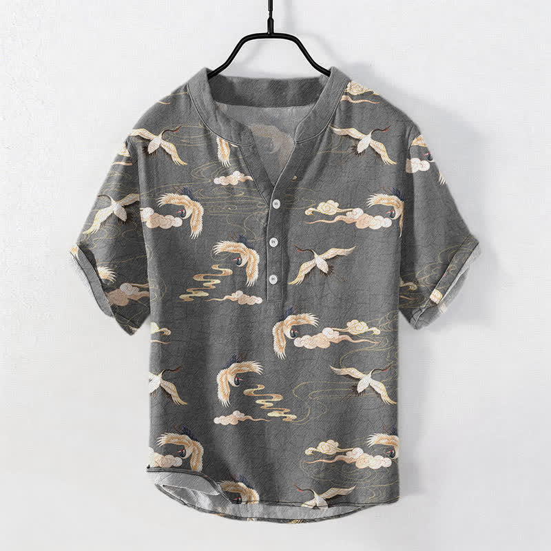 Buddha Stones Flying Birds Cloud Men's Short Sleeve Half Button Shirt