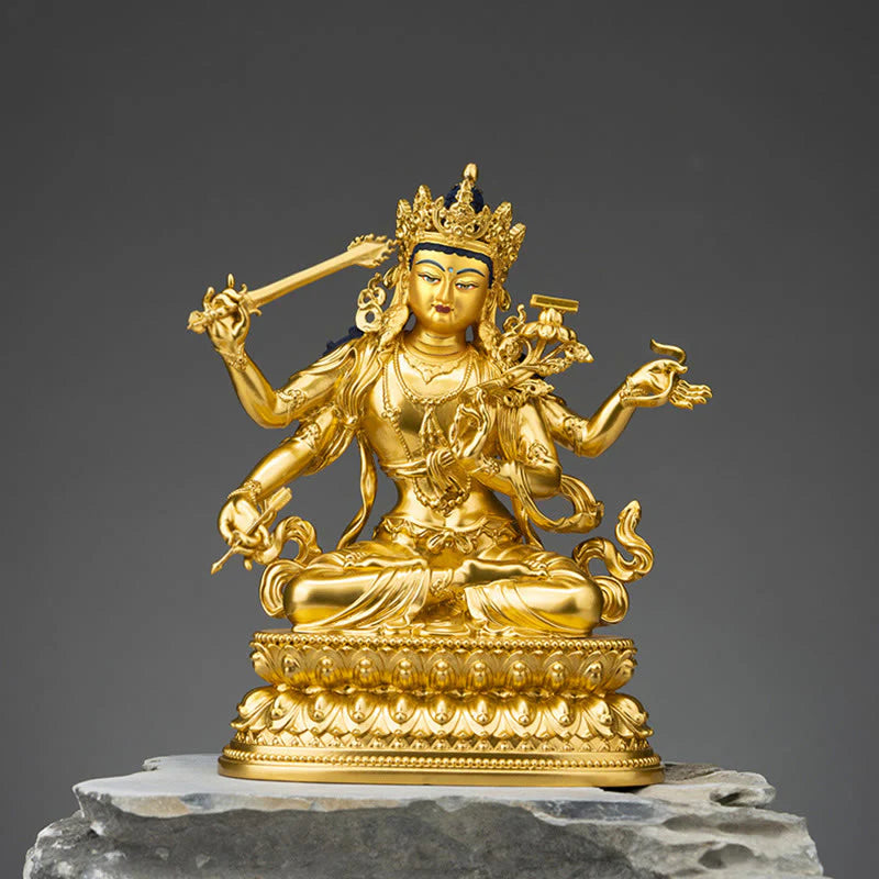 Buddha Stones Four-armed Manjusri Bodhisattva Gold Figurine Compassion Serenity Copper Statue Home Decoration