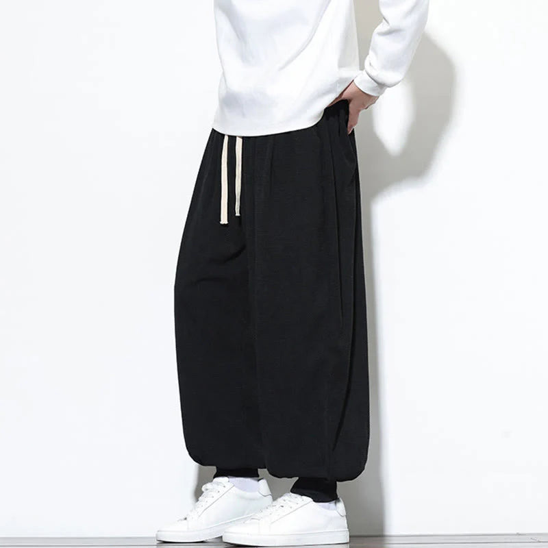 Buddha Stones Fall Plain Drawstring Simple Design Men's Harem Cotton Corduroy Pants With Pockets