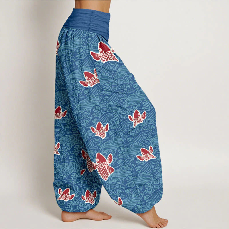 Buddha Stones Print Koi Fishes Waves Pattern Women's Elastic Waist Harem Pure Cotton Pants