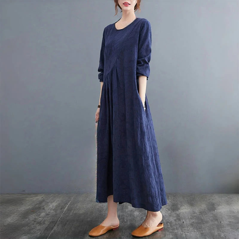 Buddha Stones Smiple Jacquard Pattern Long Sleeve Cotton Linen Women's Midi Dress With Pockets