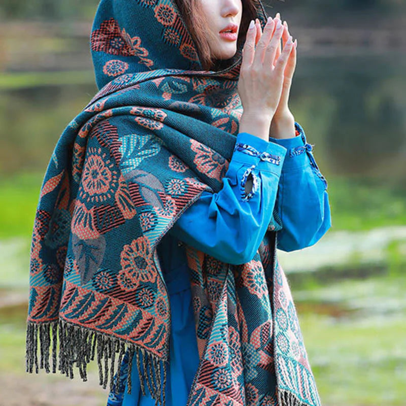 Buddha Stones Jacquard Ethnic Paisley Plants Pattern Tassel Soft Thermal Scarf Shawl