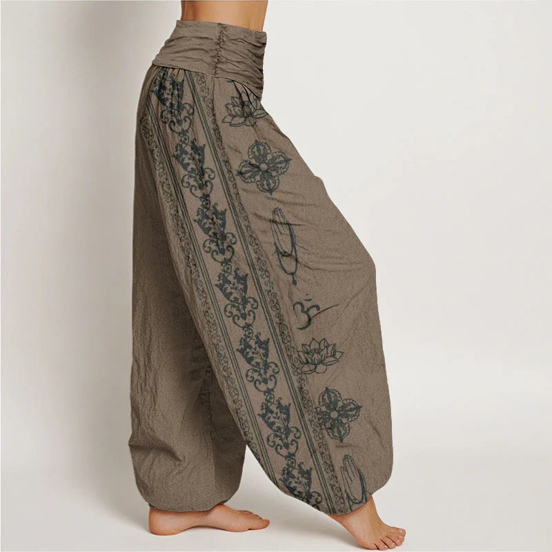 Buddha Stones Cotton Lotus Flowers Double Dorje Vajra Namaste Om Design Women's Elastic Waist Harem Pants