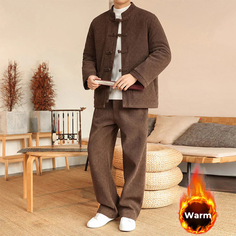Buddha Stones 2Pcs Winter Solid Men's Tang Suit Frog-Button Cotton Long Sleeve Jacket Pants Set With Pockets