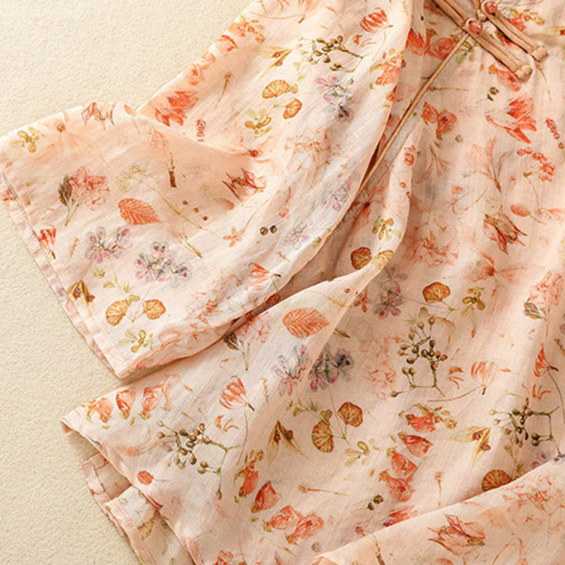 Buddha Stones Summer Casual Printing Frog-Button Design Women's Cotton Linen Long Sleeve Shirt
