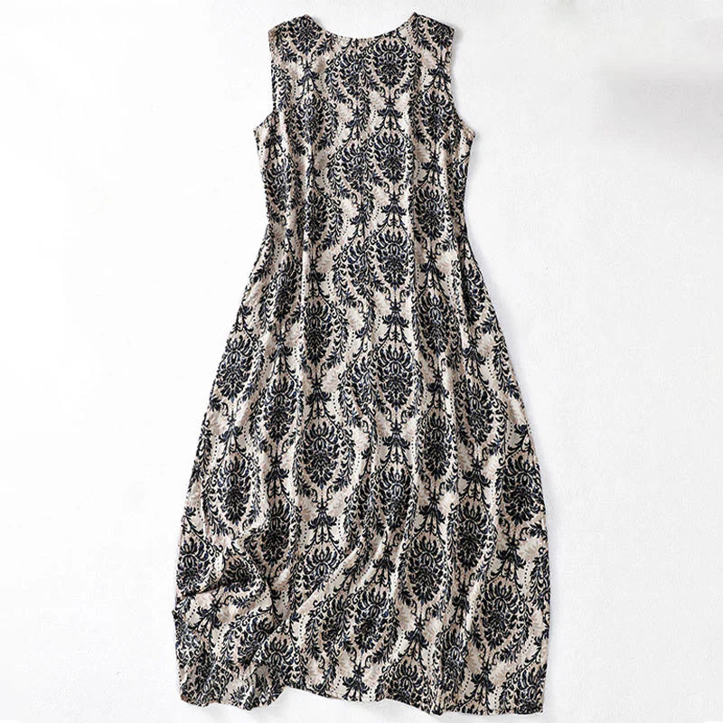 Buddha Stones Commute Summer Printing Simple Design Crew Neck Sleeveless Maxi Dress