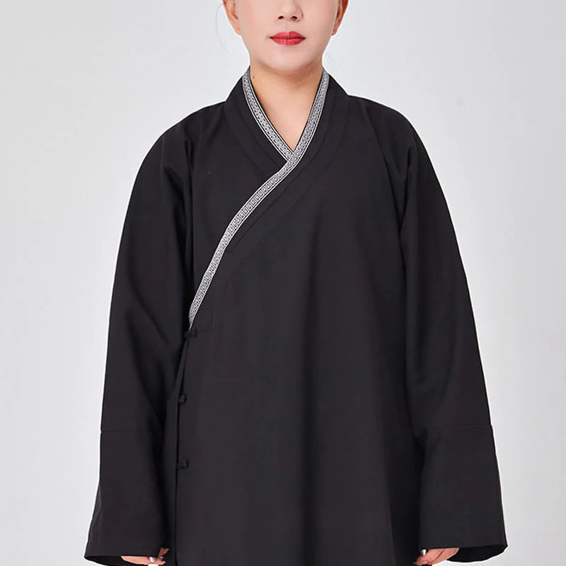 Buddha Stones 2Pcs Wudang Fall Solid Frog-Button Long Sleeve Linen Unisex Taoist Robe Kimono Pants Qigong Ceremony Suit