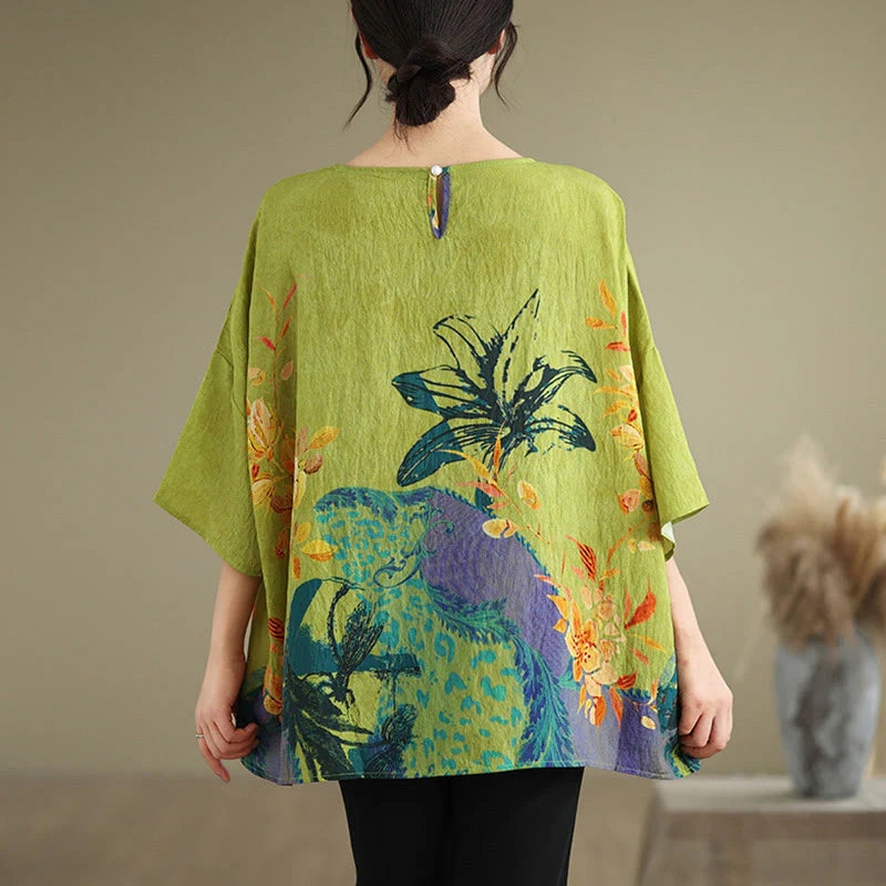 Buddha Stones Yellow Green Flowers Three Quarter Sleeve Linen T-shirt Tee