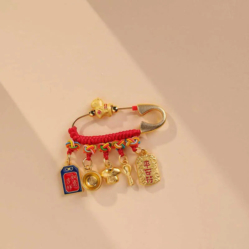 Buddha Stones Year Of The Horse Fu Character Longevity Lock Ruyi Handle Luck Brooch