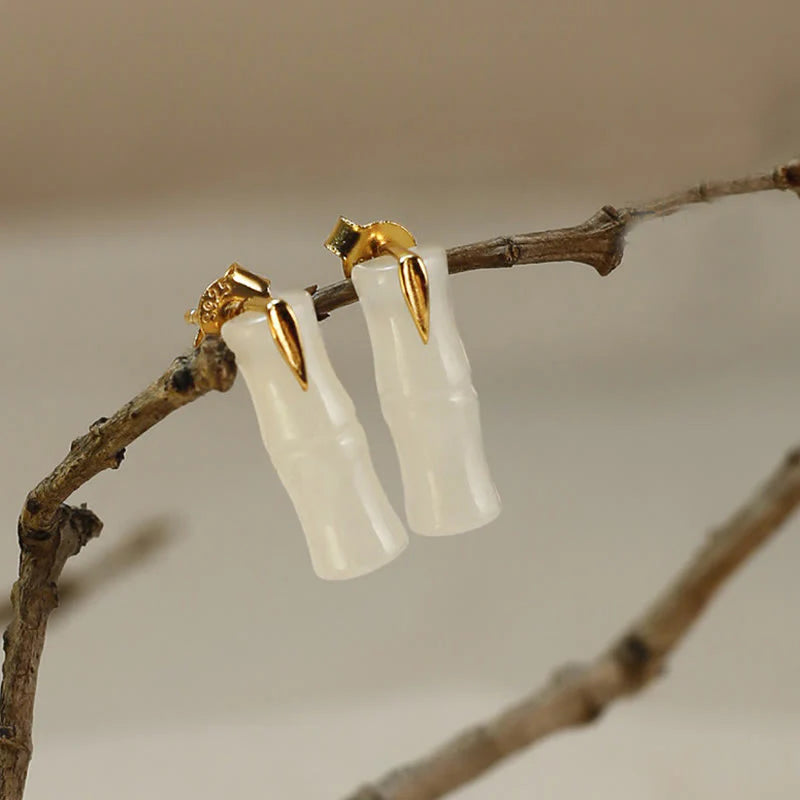 Buddha Stones Bamboo Hetian Jade 925 Sterling Silver Leaf Wealth Earrings