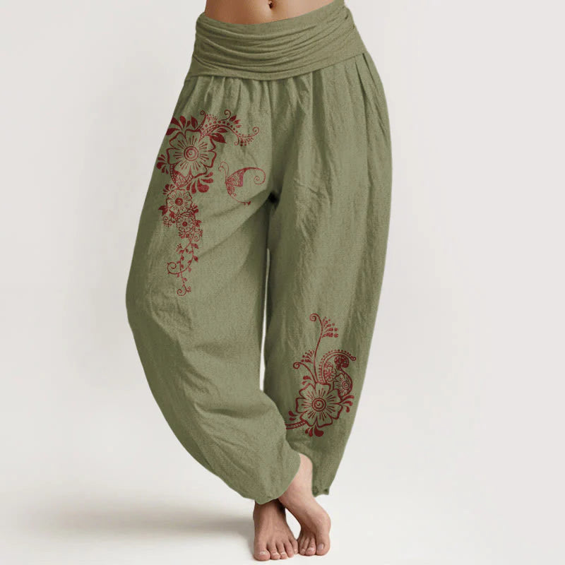 Buddha Stones Pure Cotton Simple Elegant Flower Butterfly Vine Pattern Women's Elastic Waist Harem Pants