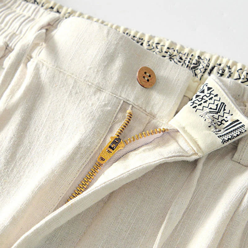 Buddha Stones Fall Solid Drawstring Zipper Men's Linen Wide Leg Pants With Pockets