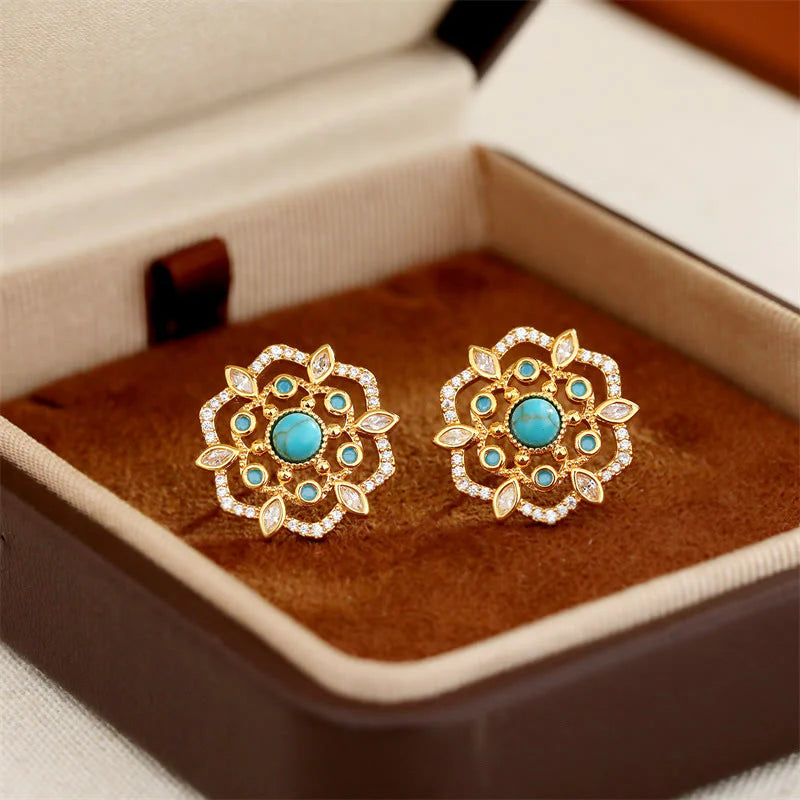 Buddha Stones Octagonal Compass Zircon Copper Balance Stud Earrings