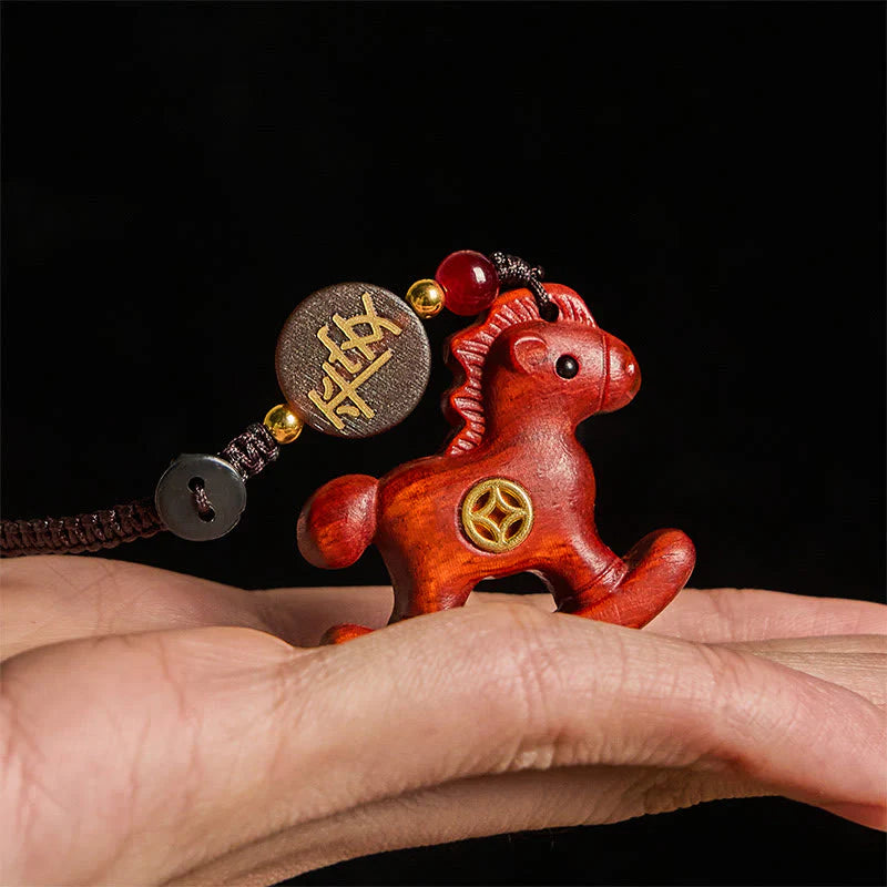 Buddha Stones Year of the Horse Rainbow Eucalyptus Small Leaf Red Sandalwood Linden Wood Ebony Carved Positive Key Chain