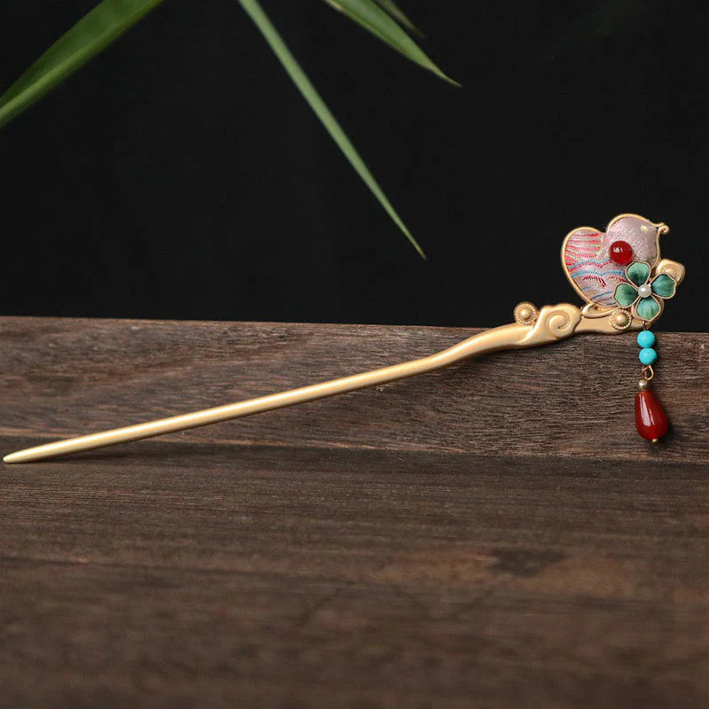 Buddha Stones Gourd Flower Pattern Red Agate Copper Calm Hairpin