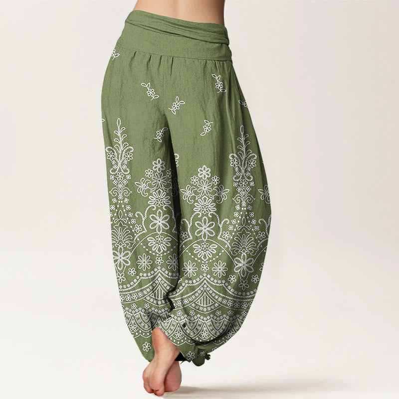 Buddha Stones Cotton Mandala White Flower Pattern Women's Elastic Waist Harem Pants
