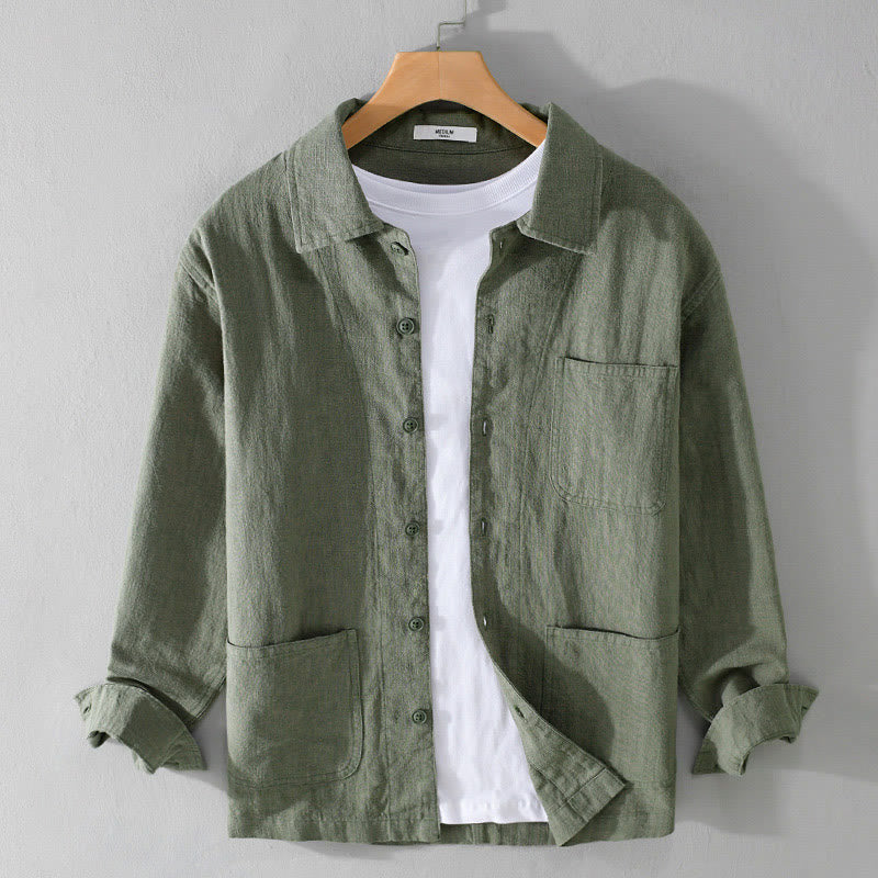 Buddha Stones Commute Fall Solid Color Lapel Men's Long Sleeve Cotton Linen Shirt With Pocket