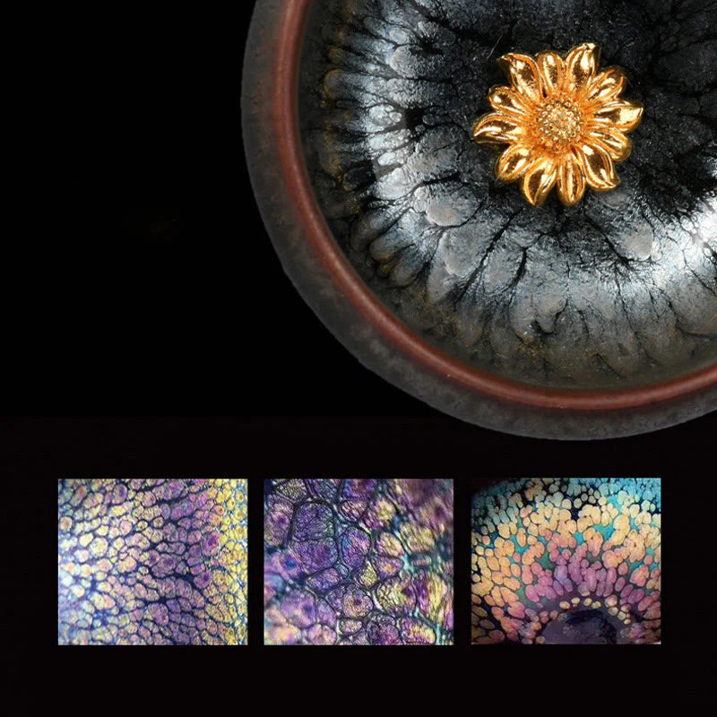 Buddha Stones 24K Gold Inlaid Sunflower Chinese Jianzhan Glaze Kiln Change Ceramic Teacup Tenmoku Kung Fu Tea Cup (Extra 35% Off | USE CODE: FS35)