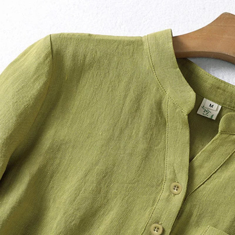 Buddha Stones Spring Dark Khaki Stand Collar Half Buttons Design Women's Long Sleeve Shirt
