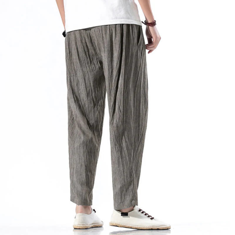 Buddha Stones Casual Plain Pleated Design Drawstring Men's Long Cotton Linen Harem Pants With Pockets