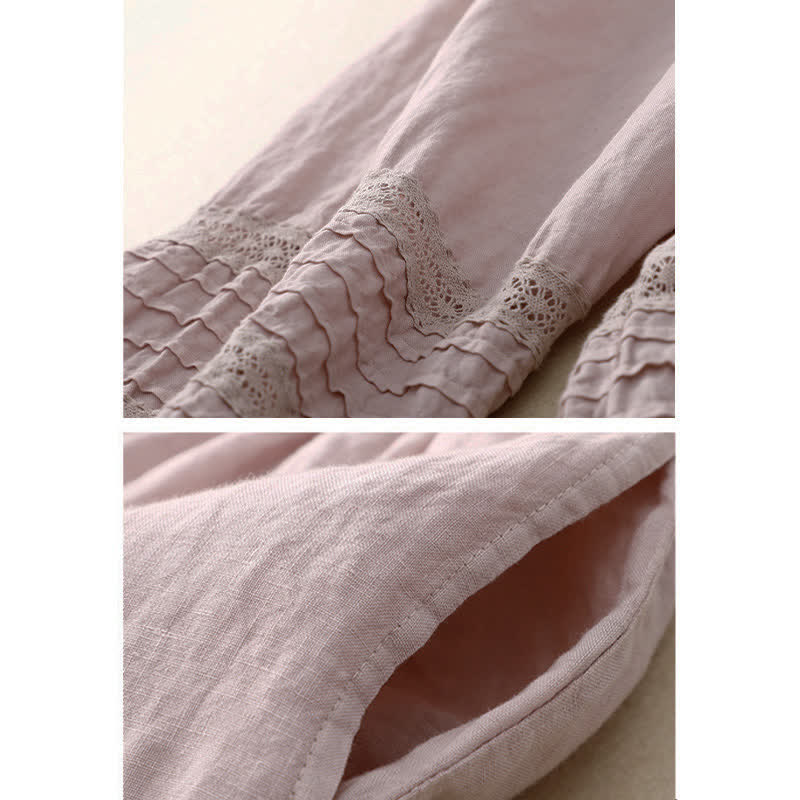 Buddha Stones Spring Elastic Waist Lace Pleated Hem Cotton Women's Pants With Pockets
