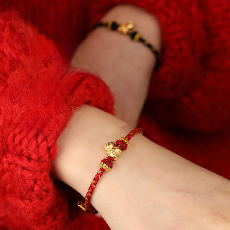 Buddha Stones 999 Gold Year Of The Horse Braided String Rope Luck Adjustable Bracelet