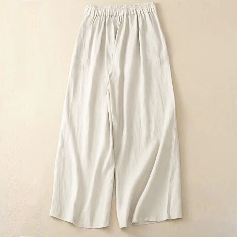 Buddha Stones Casual Solid Color One Button Women's Capri Wide Leg Pants With Pockets