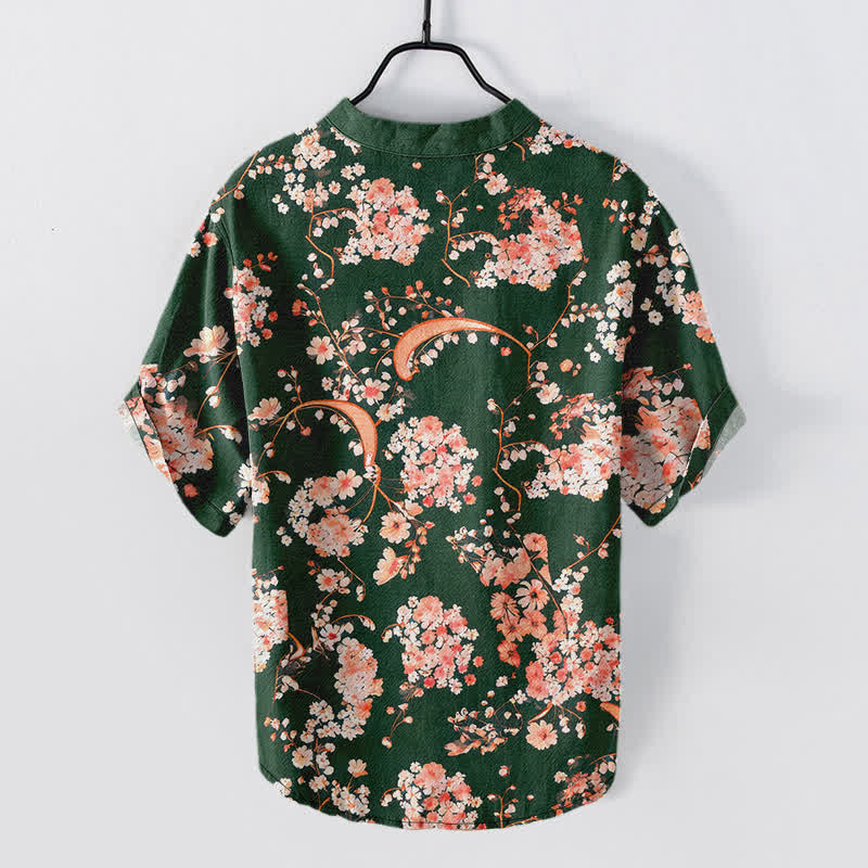Buddha Stones Cotton Pink Floral Henley Men's Short Sleeve Half Button Shirt