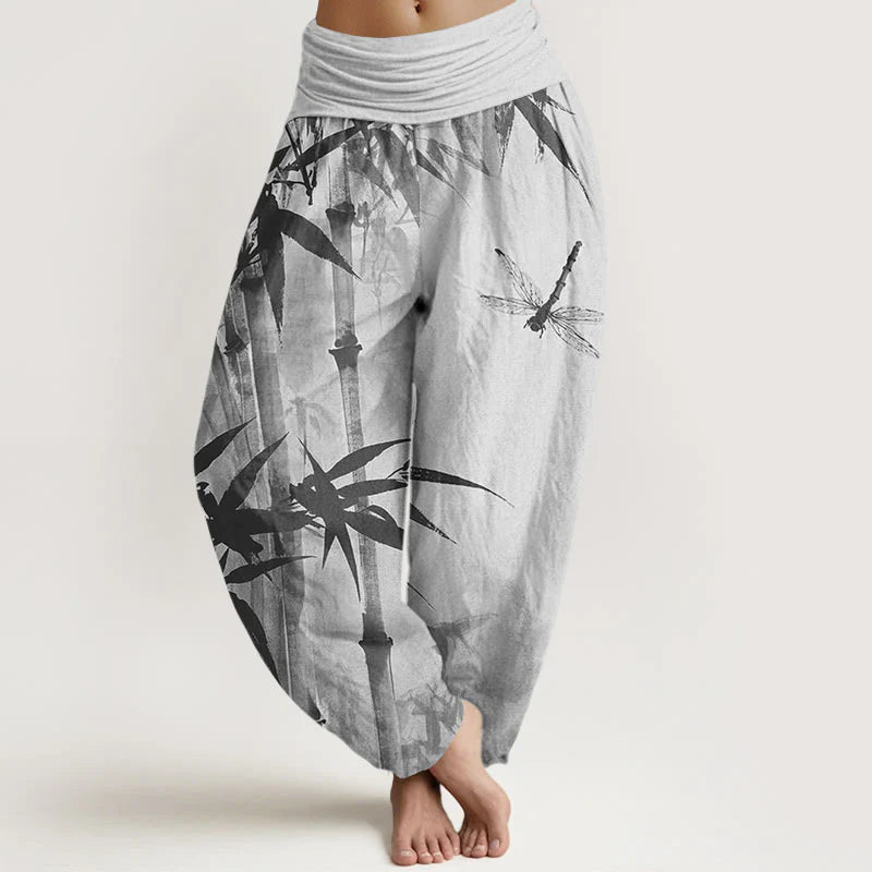 Buddha Stones Cotton Casual Bamboo Leaves Dragonfly Pattern Women's Elastic Waist Harem Pants