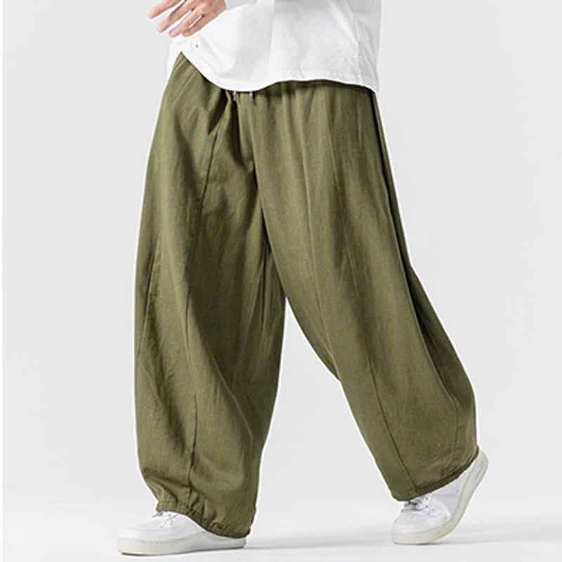 Buddha Stones Winter Commute Plain Drawstring Design Men's Wide Leg Cotton Pants With Pockets