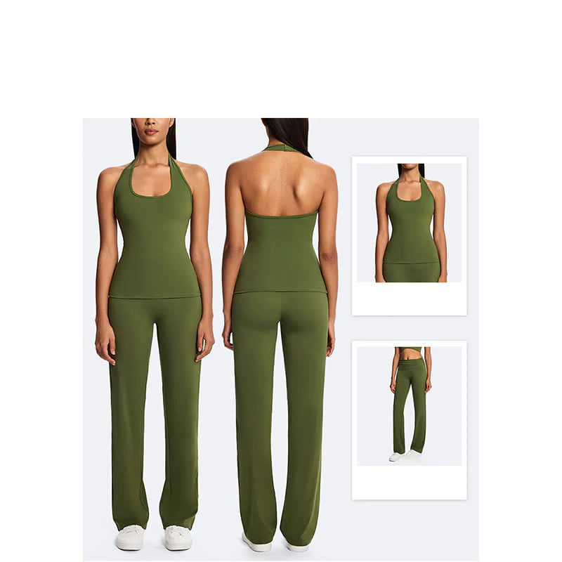 Buddha Stones Solid Crop Halter Backless Sleeveless Top Straight Leg Pants For Sports Fitness Yoga